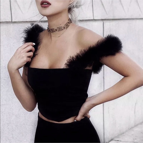 Tops - Black feather marabou tank top shirt crop cotton pinup retro rockabilly sexy nwt